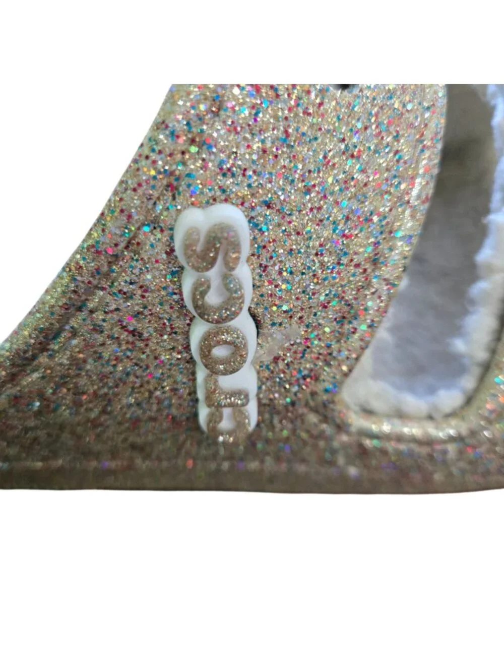 Crocs Classic Cozzy Glitter Sandals Gold Multi Faux Sherpa Lined Size M 7/W 9